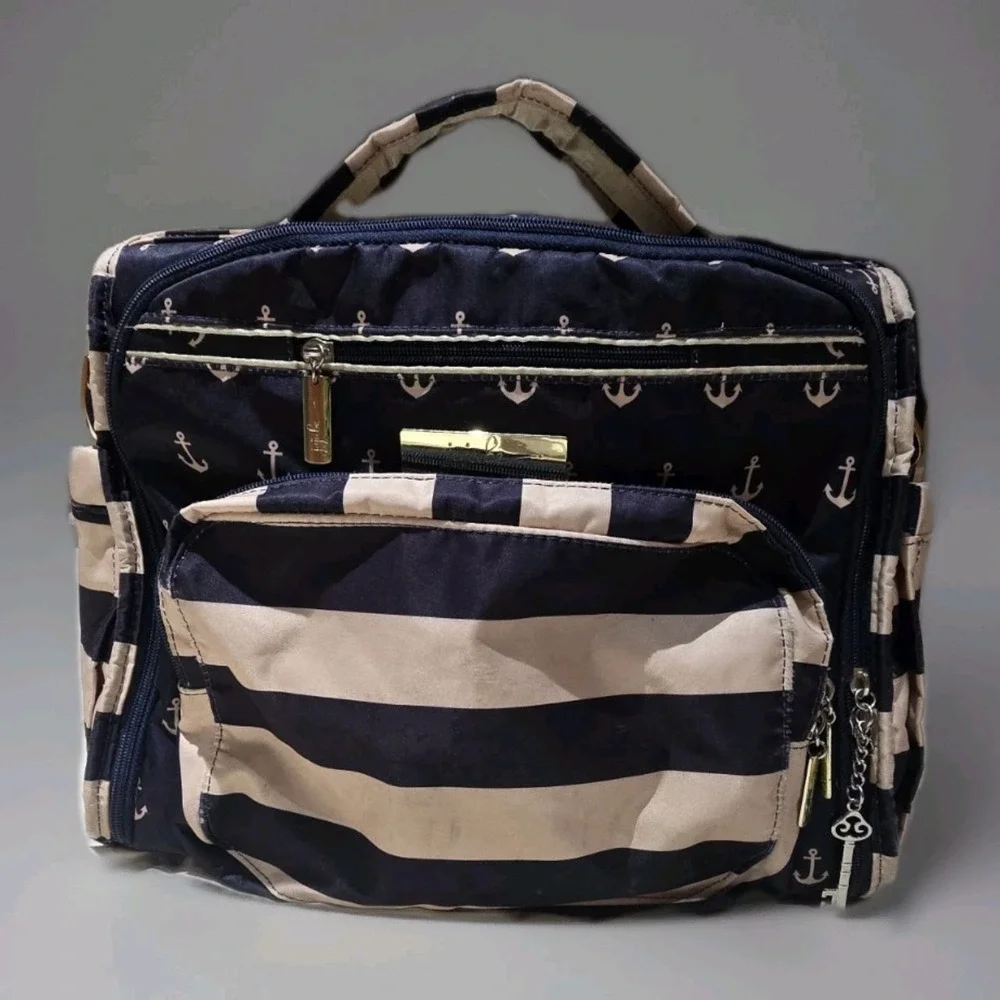 JuJuBe Commodore Tan Navy Size Large Nautical Anchor Stripes Diaper Bag Travel